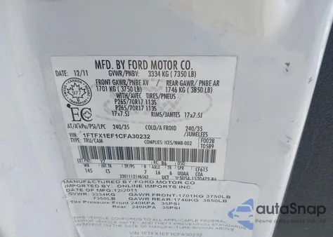 2012 Ford F-150 Xl from USA, damaged, VIN 1FTFX1EF1CFA30232